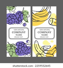 GRAPE BANANA LABELS Design Of Stickers For Shop Of Tropical Organic Natural Fresh Juicy Fruits And Dessert Drinks In Sketch Style Vector Illustration Set