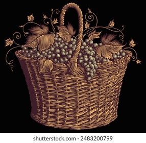 Grape basket. Editable hand drawn illustration. Vector vintage engraving. Isolated on black background. 8 EPS