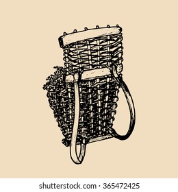 Grape basket illustration. Vintage vector shoulder harvesting corf, wicker drawing. Hand sketched winemaking element in engraved style. 