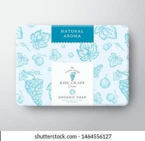 Grape Bath Soap Cardboard Box. Abstract Vector Wrapped Paper Container with Label Cover. Packaging Design. Modern Typography and Hand Drawn Berries Branch with Leaf Background Pattern Layout. Isolated