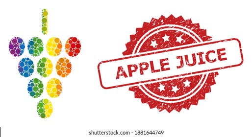 Grape berry collage icon of round elements in variable sizes and LGBT color tones, and Apple Juice rubber rosette stamp seal. A dotted LGBT-colored Grape berry for lesbians, gays, transgenders,