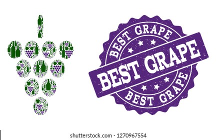 Grape berry composition of alcohol bottles and grape and grunge stamp seal. Isolated vectors in green and purple colors on a white background for bars, alcohol shop banners, ads, concepts.