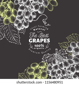 Grape berry design template. Hand drawn vector fruit illustration on chalk board. Engraved style vintage botanical background.