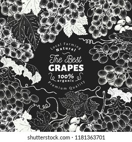Grape berry frame template. Hand drawn vector fruit illustration on chalk board. Engraved style vintage botanical background.