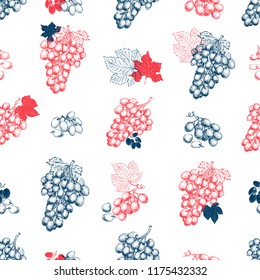 La baya de uva es un patrón transparente. Ilustración de frutas vectoriales dibujada a mano. Fondo botánico retro grabado.