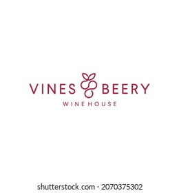 grape berry wine logo with mono line one line design vector template