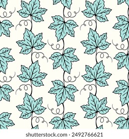 Grape blue leaves pattern, pastel colors, vine on beige background. Vector illustration