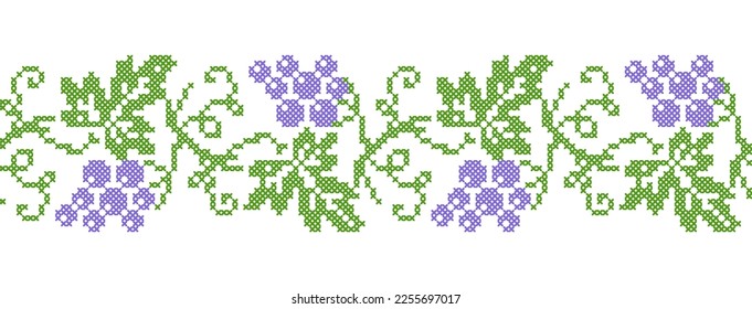 Grape border. Vector background for wine or juice label design. Grape seamless border. Pixel art, vyshyvanka, cross stitch embroidery.