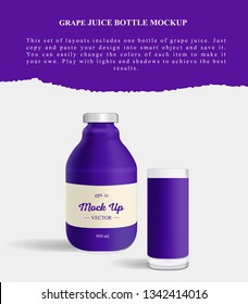 Grape bottle juice mockup. Generic purple Container with  Sticker for Liquids Like Drinks. Vector illustration.