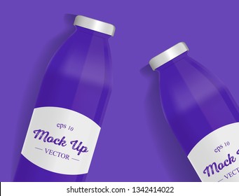 Grape bottle juice mockup. Generic purple Container with  Sticker for Liquids Like Drinks. Vector illustration.
