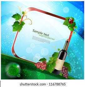 Grape and bottle of wine with reflection, vector