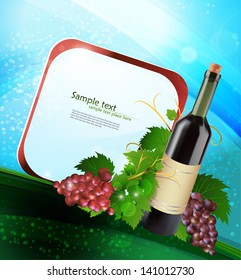 Grape and bottle of wine with reflection, vector