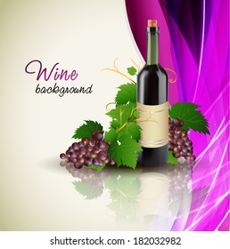 Grape and bottle of wine with reflection, vector
