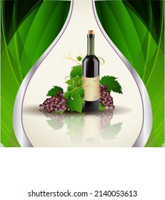 Grape and bottle of wine with reflection, vector