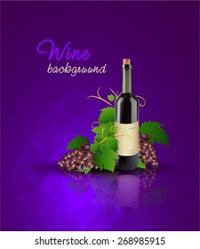 Grape and bottle of wine with reflection, vector

