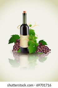 Grape and bottle of wine with reflection, vector