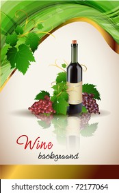 Grape and bottle of wine with reflection, vector