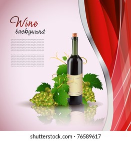 Grape and bottle of wine with reflection, vector