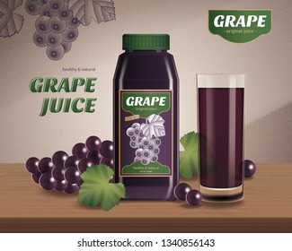 grape bottled juice ad, with fresh fruits and juice in glass cup on wooden table, lighting background, 3d illustration