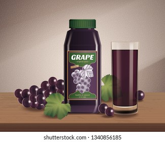 grape bottled juice ad, with fresh fruits and juice in glass cup on wooden table, lighting background, 3d illustration