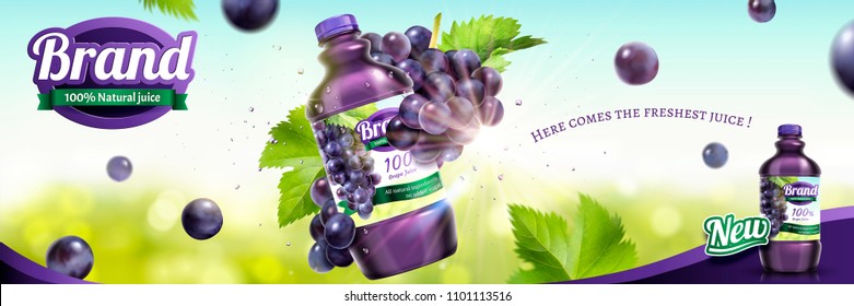 Grape bottled juice ads with fresh fruit floating in the air on nature bokeh background in 3d illustration