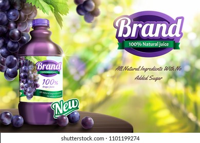 Grape bottled juice on wooden table in bokeh orchard scene in 3d illustration