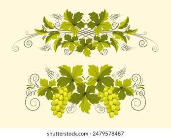 Grape branch with bunches of grapes and green leaves. Ornament, pattern, design element. Wine and winemaking concept. Vintage pattern for menu and wine labels. Vector isolated on yellow background.