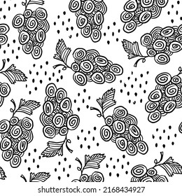 Doodle de rama de uva Patrón blanco y negro. Frutos dibujados a mano, bizcocho de bizcocho, ilustración vectorial sin fisuras. Vino de esbozo, fondo de jugo para el embalaje, papel de envoltura, textil