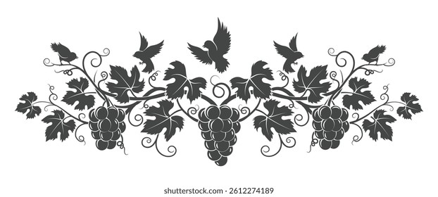 Grape branch and little birds monochrome pattern. Silhouettes of grapes leaves and birds vector illustration