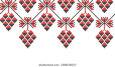 Grape branch vector background, border. Ukrainian traditional embroidery of grape border in red and black colors. Pixel art, vyshyvanka, cross stitch.
