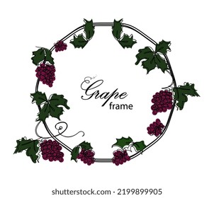 Ramas de uva marco ilustración vectorial con espacio de copia para el texto aislado en fondo blanco Diseño de línea negra continua con racimo de uvas y hojas en vid con colores púrpura y verde
