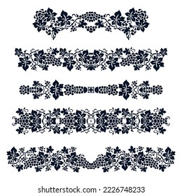 Grape branches and leaves.. Black and white design of the text - borders, dividers. Vector set of 5.