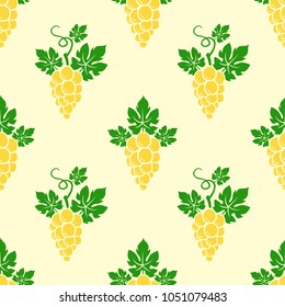 Grape Branches seamless pattern on light yellow background. Vector illustration.