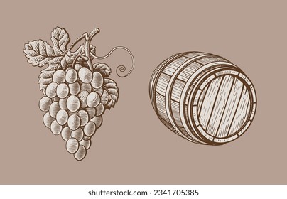 Grape branches and wine wooden barrel. Retro elements inl style. Hand drawn winery elements. Sepia. Engraving label cognac alcohol illustration. Vector