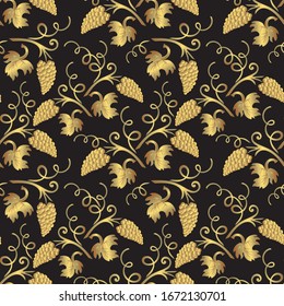 Grape brush. Seamless gold pattern on brown background in vector