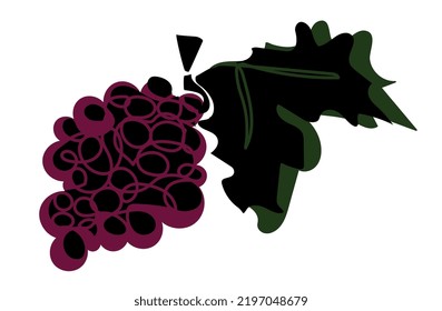 Grape bunch with berries and leaves. Abstract creative black and purple design element isolated on white background. Vector illustration in flat hand drawn style