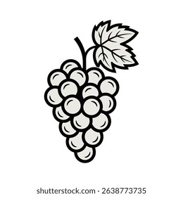  Grape Bunch black and white Vector Illustration Cartoon Fruit Icon with Leaf