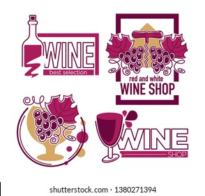 Grape bunch and bottle wine store or shop isolated icons grapes and corkscrew wineglass winery and agriculture vineyard harvest alcohol drink production organic beverage berries fermentation