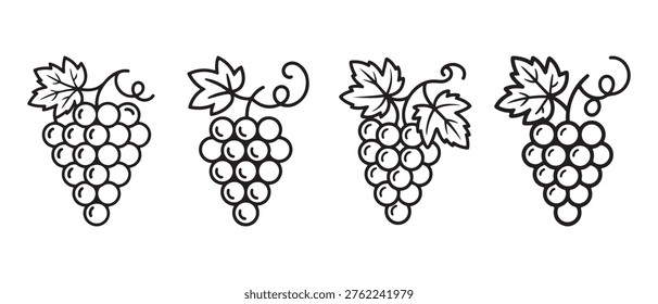 Grape bunch icons with leaves, vector illustrations.