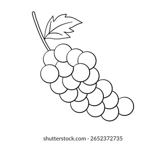 Arte de linha de cachê de uva com folha - Clipart de contorno de fruta preto e branco para colorir e artesanato, arquivo EPS vetor.