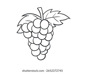 Arte de linha de cachê de uva com folha - Clipart de contorno de fruta preto e branco para colorir e artesanato, arquivo EPS vetor.