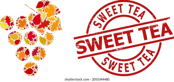 Icono de mosaico del Bunch de uva organizado para la temporada de otoño con sello corroido de Sweet Tea. El mosaico de racimo de uva vectorial se organiza a partir de hojas dispersas de arce y roble de otoño.