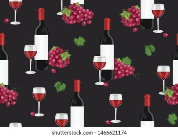 Grape bunch seamless pattern with red wine glasses and bottles on black background, Red grapes pattern background, Red wine vector illustration.