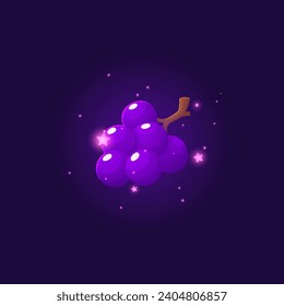 Ilustración vectorial de racimo de uva. Frescas bayas espumosas aisladas en un fondo oscuro. Frutos naturales de vitamina saludables. Cosecha de bayas de sabor dulce. Alimentos brillantes para el juego