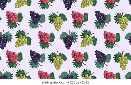 Ramos de uva con hojas de Plantilla sin fisuras. Cosecha agrícola, fruta orgánica, bayas dulces. Fondo de Vector para la tela, impresión, embalaje, papel de embalaje