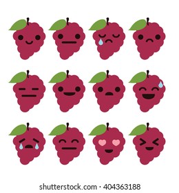 Grape Cartoon Character with Different Expressions. Flat Vector. Isolated
