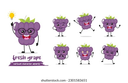 grape cartoon with many expressions. different fruit activity vector illustration flat design. smart grape for children story book.