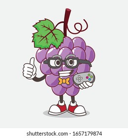 Grape cartoon mascot character as attractive gamer