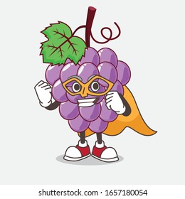 Grape cartoon mascot character dressed as a Super hero