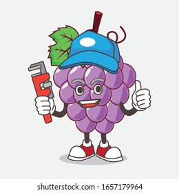 Grape cartoon mascot character as happy plumber